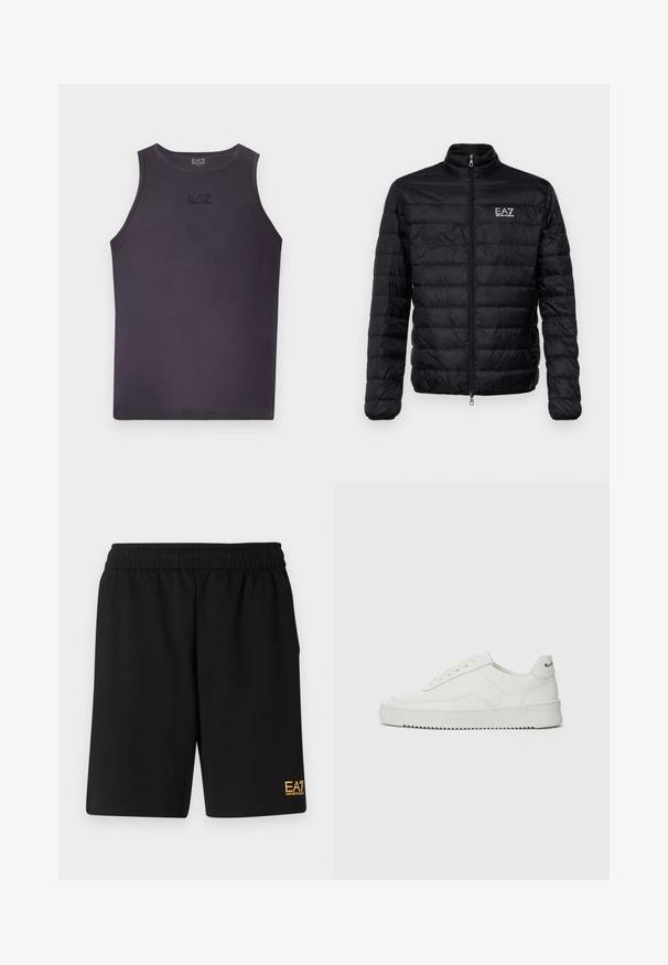 Polstret svart jakke med høy krage, glidelås foran, og EAZ-logo på venstre bryst. Har horisontalt quiltet design og glatt tekstur.; Svart ermeløs tanktopp laget av glatt stoff, med rund halslinning og en liten, subtil logo på forsiden.; Sorte treningsshorts laget av mykt stoff, med elastisk midje og en liten gul EA7-logo nederst på venstre ben.; Hvite lærersneakers med en jevn overflate, rund tå, flate lisser og en teksturert såle. Har en subtil logo på hælen.