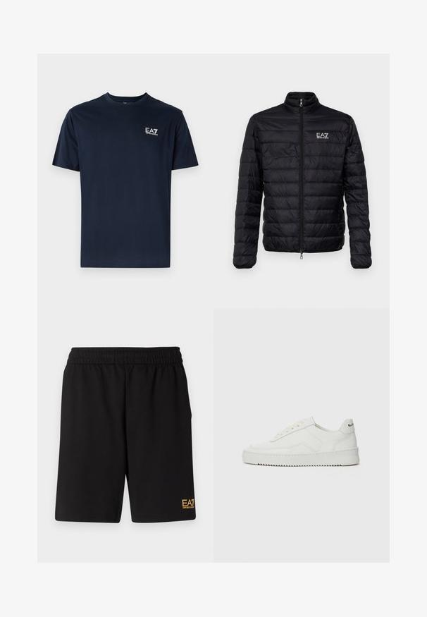 Polstret svart jakke med høy krage, glidelås foran, og EAZ-logo på venstre bryst. Har horisontalt quiltet design og glatt tekstur.; Marineblå bomulls t-skjorte med korte ermer, rund hals og EA7-logo på øvre venstre side i hvitt. Glatt tekstur, uformelt design.; Sorte treningsshorts laget av mykt stoff, med elastisk midje og en liten gul EA7-logo nederst på venstre ben.; Hvite lærersneakers med en jevn overflate, rund tå, flate lisser og en teksturert såle. Har en subtil logo på hælen.