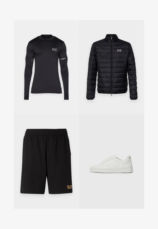 Padded czarna kurtka z wysokim kołnierzem, zamek błyskawiczny z przodu i logo EAZ po lewej stronie klatki piersiowej. Charakteryzuje się poziomym pikowaniem i gładką teksturą.; Czarna sportowa koszula z długim rękawem, wykonana z elastycznego materiału syntetycznego. Posiada logo EA7, teksturowane akcenty na rękawach oraz odblaskowe detale.; Czarne sportowe szorty wykonane z miękkiego materiału, z elastycznym paskiem w talii oraz małym, żółtym logo EA7 na dolnej lewej nodze.; Białe skórzane sneakersy o gładkim wykończeniu, okrągłym nosku, płaskich sznurówkach i teksturowanej podeszwie. Charakteryzują się delikatnym logo na pięcie.