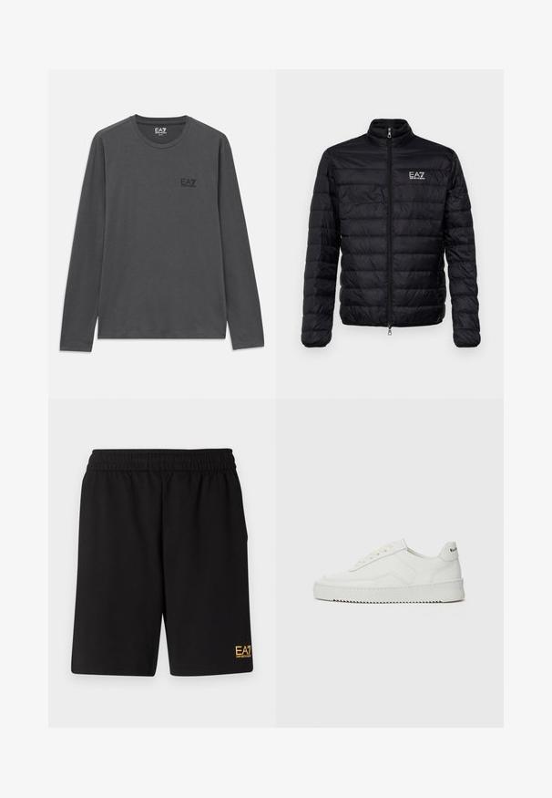 Geacă neagră căptușită cu guler înalt, fermoar frontal și logo EAZ pe pieptul stâng. Prezintă un design matlasat orizontal și o textură netedă.; Cămașă cu mânecă lungă de culoare gri închis, cu guler rotund, având un mic logo EA7 Emporio Armani pe pieptul stâng.; Shorts atletici negri dintr-un material moale, având o talie elastică și un mic logo galben EA7 pe partea inferioară a piciorului stâng.; Sneakers din piele albă cu un finisaj neted, vârf rotund, șireturi plate și o talpă texturată. Prezintă un logo subtil pe călcâi.