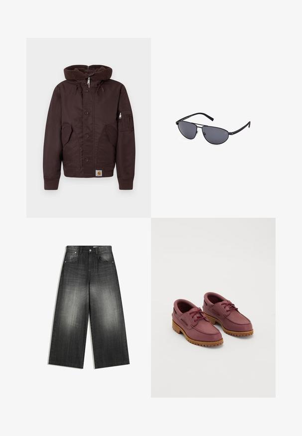 Brun vadderad jacka med en tjock, texturerad huva, knappar fram, sidofickor och en ficka på ärmen. Har ribbade mudd och nederkant.; Brun bomull t-shirt med avslappnad passform, kort ärm och en liten "LÄCKRA FÄRSKA FRUKTER" grafik i vitt och lila.; Breda jeans i bleknad svart, med en klassisk femfickorsdesign och en lätt strukturerad yta. Metallkomponenter som accent.; Ett par vinröda läderbåtskor med tjocka tan färgade gummisulor och röda snören på en vit bakgrund.; Svarta pilotglasögon med grå linser, tunna metallramar, böjd form och silikon näskuddar för komfort.