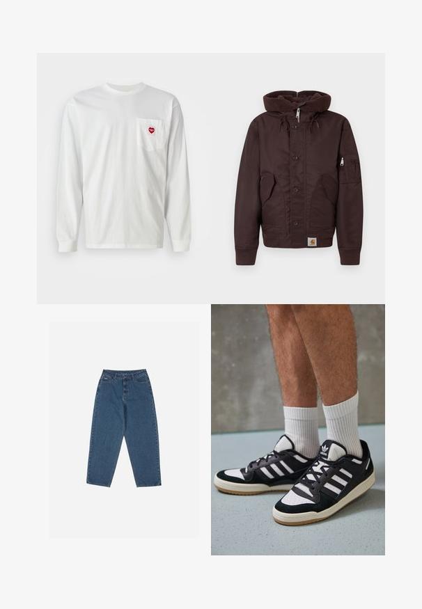 Pruun pehmendatud jope paksu ja tekstuurse kapuutsiga, ees nööbid, küljetaskud ja varrukatasku. Omab soonikservi mansettides ja allservas.; Valge pika varrukaga T-särk, mis on valmistatud puuvillast, vasakul rinnal on tasku punase südame patch'iga. Klassikaline ümar kaelus ja ribatud varrukas.; Sinised teksased, mis on lõdva lõikega, kõrge vöökohaga, viie tasku disainiga ja õmblusaktsentidega. Omab nupuga ja tõmblukuga sulgemist.; Mustvalged ja valged spordijalatsid, mille pealmine osa on valmistatud suede'ist ja nahast. Kingadel on kolm valget riba, auguline varvas ja kummist tald.