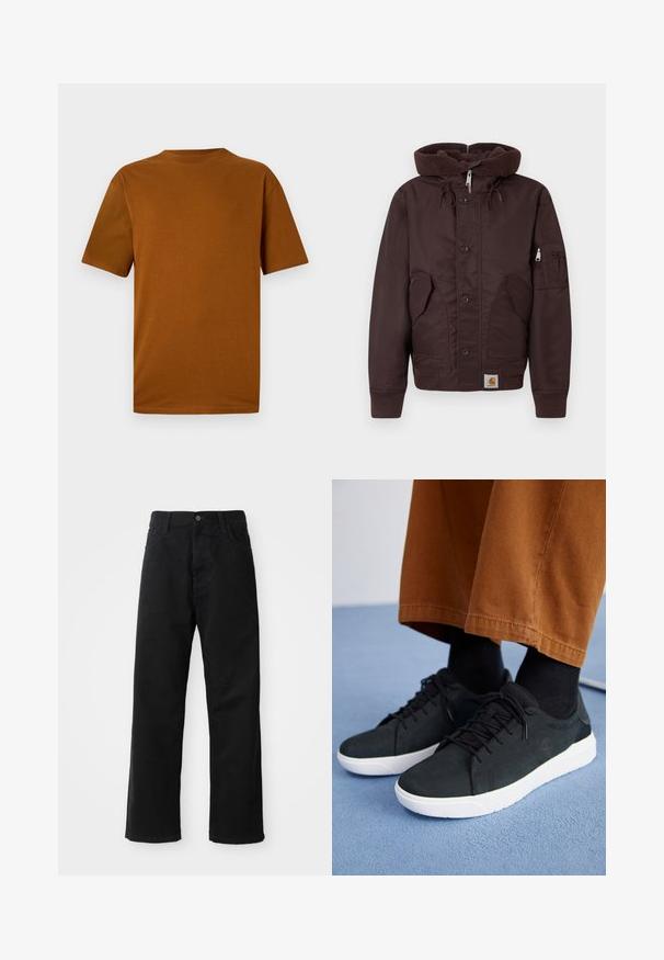 Brun vadderad jacka med en tjock, texturerad huva, knappar fram, sidofickor och en ficka på ärmen. Har ribbade mudd och nederkant.; Kortärmad t-shirt i bränd orange bomull. Har en rundad halsringning, avslappnad passform och en slät textur utan mönster eller dekorationer.; Svarta denimbyxor med rak passform, försedda med framfickor, dragkedja och en enda knapp i midjan. Strukturerad tyg med matt yta.; Svarta mockaskor med vita gummisålar, med snörning, texturerade detaljer och subtil branding, kombinerade med bruna byxor.