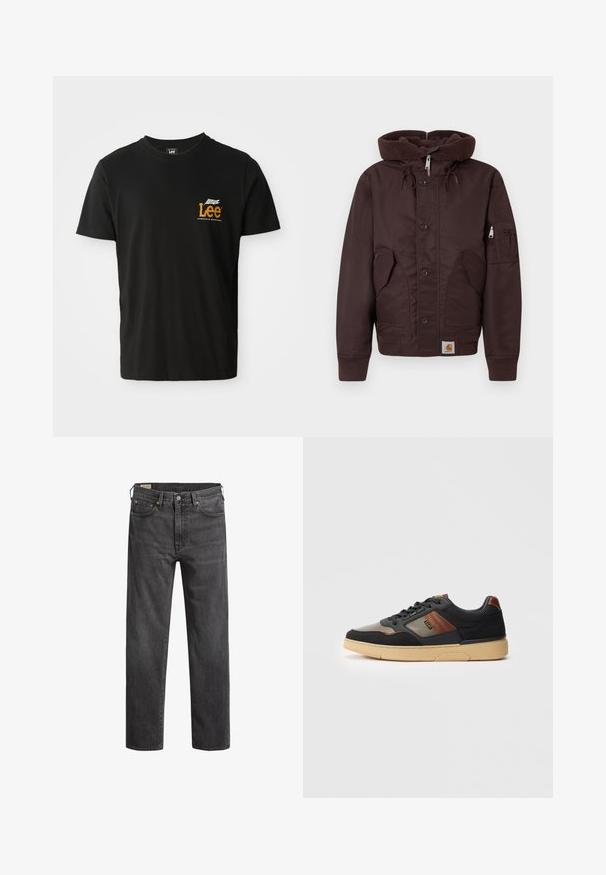 Chaqueta acolchada marrón con una capucha gruesa y texturizada, botones delanteros, bolsillos laterales y un bolsillo en la manga. Cuenta con puños y dobladillo acanalados.; Camiseta de algodón negra con mangas cortas, cuello redondo, que presenta un pequeño logo gráfico en naranja y blanco en la parte izquierda del pecho.; Jeans de denim gris oscuro con corte recto, cinco bolsillos y remaches de cobre. Diseño clásico con una textura ligeramente deslisada.; Zapatilla baja negra y marrón con suela, cordones y marca lateral beige sobre un fondo blanco liso.