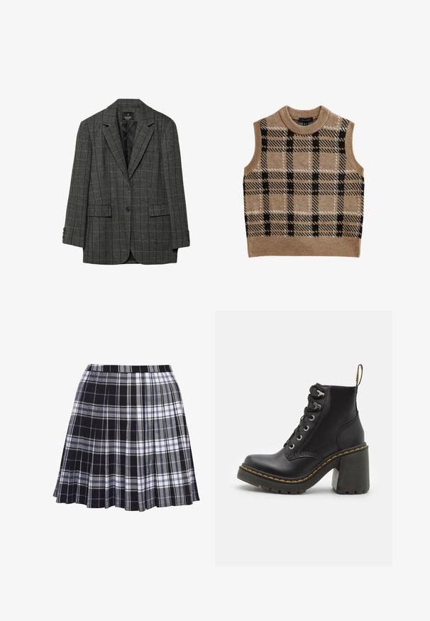 Grau Hahnentrittmuster-Blazer mit Reverskragen, einreihigem Knopfverschluss, zwei frontalen Taschen und Zierknöpfen an den Ärmeln. Glatte Innenauskleidung.; Beige gestrickte Weste mit rundem Halsausschnitt, die ein schwarz-weißes Karomuster aufweist, ärmellos ist und über einen gerippten Saum verfügt.; Schwarz-grauer karierter Faltenrock mit einem Bund, der Stoff hat eine glatte Textur und zeigt horizontale sowie vertikale Linien in unterschiedlichen Breiten.; Schwarze Lederstiefelette mit einem klobigen hohen Absatz, Schnürung vorne, metallischen Ösen und gelben Nähten entlang der Sohle. Strukturierten Gummiaußensohle.