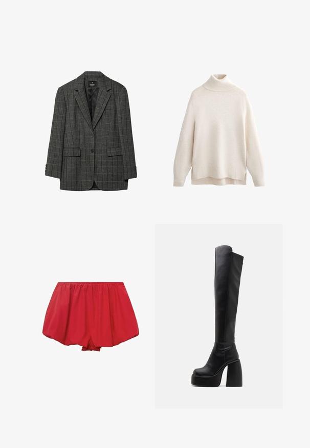 Sivý károvaný blejzer s vykrojenými klopami, zapínaním na jeden gombík, dvoma prednými vreckami a manžetami na tri gombíky. Hladká vnútorná podšívka.; Krémový rolák s rebrovaným golierom a manžetami, mäkká pletená textúra, uvoľnený strih, postranné rozparky a mierne dlhší zadný lem.; Červené, ľahké šortky s elastickým pásom. S voľným, rozšíreným strihom a zchreným materiálom pre pohodlný pocit.; Buffalo HEART STRETCH BOOT - Čižmy na platforme - black