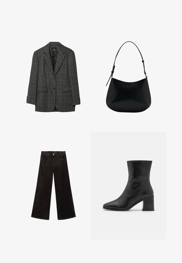 Sivý károvaný blejzer s vykrojenými klopami, zapínaním na jeden gombík, dvoma prednými vreckami a manžetami na tri gombíky. Hladká vnútorná podšívka.; Tmavohnedý pletený sveter s rebrovanou štruktúrou, zloženým rolákom a dlhými rukávmi s rebrovanými manžetami. Mäkký, hrubý materiál.; Čierne kordové nohavice so širokými nohavicami a vysokým pásom, vrchné vrecká a textúrovaná látka, s gombíkovým zapínaním a pútkami na opasok.; Čierna kožená členková obuv, špicatá špička, hladká textura, stredná bloková päta, minimalistický dizajn a prešívané detaily pozdĺž goliera.; Čierna kožená kabelka na rameno s hladkou textúrou, zakriveným tvarom a nastaviteľným popruhom. Obsahuje minimálne švy a jednoduchý dizajn.
