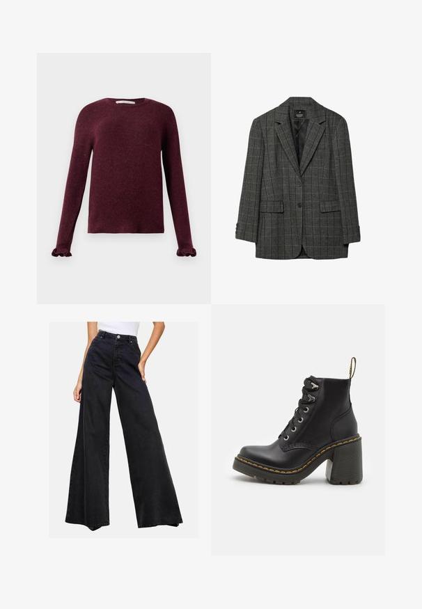 Grau Hahnentrittmuster-Blazer mit Reverskragen, einreihigem Knopfverschluss, zwei frontalen Taschen und Zierknöpfen an den Ärmeln. Glatte Innenauskleidung.; Burgunderroter Strickpullover mit langen Ärmeln, Rüschensaum und rundem Halsauschnitt auf einem einfarbigen Hintergrund.; Schwarze weit geschnittene Jeans aus Denim. Hohe Taille mit Knopfverschluss, schlichte Gestaltung ohne auffällige Muster oder Akzente.; Schwarze Lederstiefelette mit einem klobigen hohen Absatz, Schnürung vorne, metallischen Ösen und gelben Nähten entlang der Sohle. Strukturierten Gummiaußensohle.