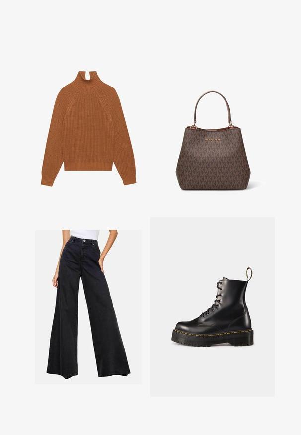 Blazer a scacchi grigi con rever a notched, chiusura a un bottone, due tasche anteriori e polsini a tre bottoni. Fodera interna liscia.; Maglione intrecciato marrone con collo alto a mock neck, orlo e polsini a coste. Presenta un motivo testurizzato e maniche raglan per una vestibilità rilassata.; Jeans neri a gamba ampia realizzati in denim. Vita alta con chiusura a bottoncino, caratterizzati da un design pulito e senza motivi o accenti prominenti.; Stivali alla caviglia in pelle nera con lacci, dotati di una suola nera spessa e cuciture gialle. Presentano una linguetta sul retro e occhielli metallici circolari.; Borsa a mano in pelle marrone con motivo monogramma texturizzato e logo "MICHAEL KORS" in tono oro. Presenta doppi manici e una forma strutturata.