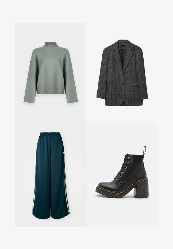 Gray houndstooth blazer with notched lapels, single-button closure, two front pockets, and three-button cuffs. Smooth interior lining.; Light sage green knit sweater with long wide sleeves and a high ribbed turtleneck collar on a white background.; Teal wide-leg sweatpants with an elastic waistband, featuring three white stripes along the sides and an Adidas logo on the left side.; Black leather ankle boot featuring a chunky high heel, lace-up front, metal eyelets, and yellow stitching along the sole. Textured rubber outsole.