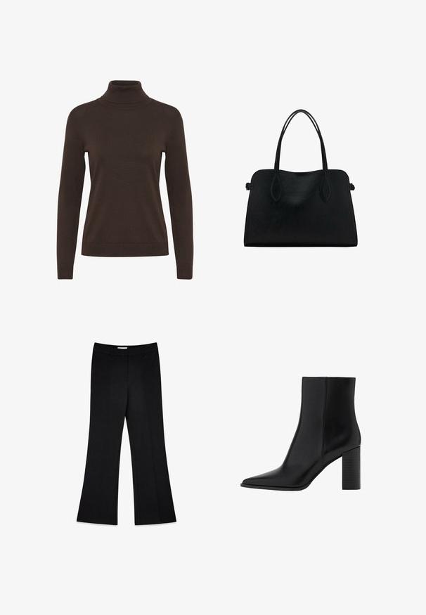 Grau Hahnentrittmuster-Blazer mit Reverskragen, einreihigem Knopfverschluss, zwei frontalen Taschen und Zierknöpfen an den Ärmeln. Glatte Innenauskleidung.; Brauner Rollkragenpullover mit langen Ärmeln, körperbetontem Design und geripptem Struktur um den Kragen und die Bündchen.; Schwarze, ausgestellte Hosen mit glatter Textur, zwei vorderen Falten und einem mittelhoch sitzenden Bund, entworfen für eine taillierte Passform.; Schwarze Leder-Ankle Boots mit spitzem Zehenbereich, quadratischem Absatz, glatter Textur und Nähten entlang der Nähte. Die Absätze messen ungefähr 8,9 cm.; Schwarze Lederhandtasche mit zwei Schulterriemen, rechteckiger Form und minimalistischem Design auf weißem Hintergrund.