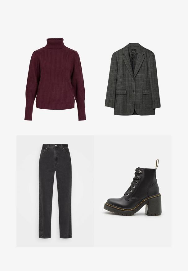 Harmaa houndstooth-sakset, joissa on notched-lapelit, yhden napin sulku, kaksi etutaskua ja kolme napin cuffia. Sileä sisävuori.; Burgundin värinen turtleneck-neule, joka on valmistettu ribbisidoksisesta kankaasta. Sen pitkähihaiset mallit ovat rentoa mallia, jossa on tiukat hihansuut ja korkea kaulus.; Suorat mustat farkut korkealla vyötäröllä, edessä nappi ja vetoketju sekä viisi taskua valkoisella taustalla.; Musta nahkasaapas nilkkamittaisella varrella, jossa on paksu korkea kenkä, nauhakiristys edessä, metalliset rei'itykset ja keltainen ommel pohjan reunassa. Teksturoitu kumipohja.