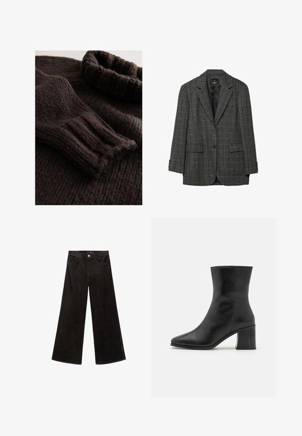 Harmaa houndstooth-sakset, joissa on notched-lapelit, yhden napin sulku, kaksi etutaskua ja kolme napin cuffia. Sileä sisävuori.; Tummanruskea neulottu villapaita, jossa on resorikuvioitu pinta, taitettu poolokaulus ja pitkät hihat resoreilla. Pehmeä, paksu materiaali.; Mustat corduroy-laajakankaiset housut, joissa on korkea vyötärö, etutaskut ja teksturoitu kangas, varustettu nappikiinnityksellä ja vyölenkeillä.; Mustat nahka nilkkurit, terävä kärki, sileä pinta, keskikorkea lohkarekorko, minimalistinen muotoilu ja brodeeratut viimeistelyt kauluksessa.