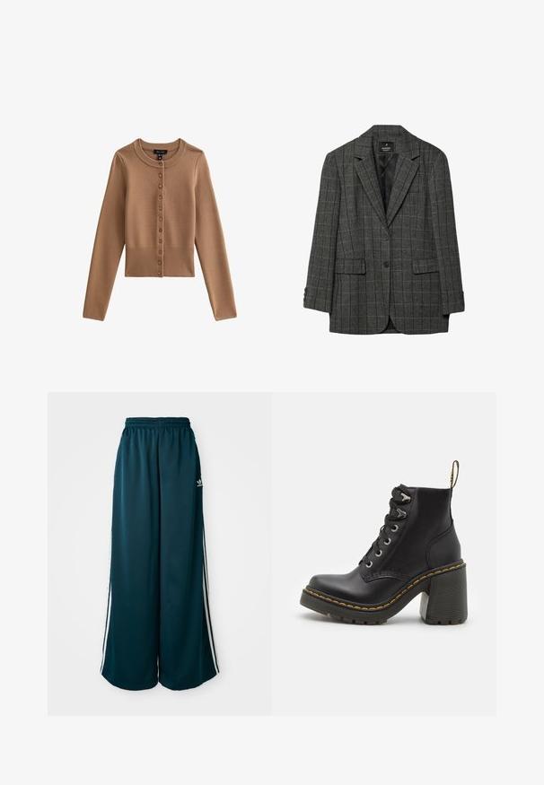 Grå hundtandsmönstrad kavaj med snedskurna slag, enkel knappstängning, två framfickor och tre-knappsförsedda manschetter. Slät inredningsfoder.; Korthårig, långärmad cardigan i en ljusbrun färg med rund halsringning och sju knappar framtill. Ribbad detalj vid fållen.; Turkosa vida sweatpants med elastisk midja, med tre vita ränder längs sidorna och en Adidas-logotyp på vänster sida.; Svart läderankelboot med en kraftig hög klack, snörning framtill, metalldetaljer och gula sömmar längs sulan. Texturerad gummisula.