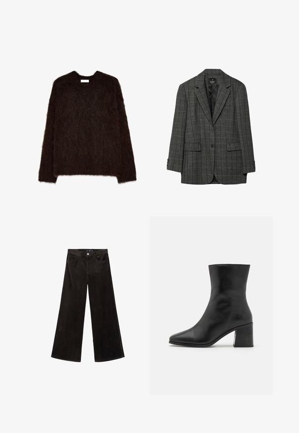 Grau Hahnentrittmuster-Blazer mit Reverskragen, einreihigem Knopfverschluss, zwei frontalen Taschen und Zierknöpfen an den Ärmeln. Glatte Innenauskleidung.; Dunkelbrauner, flauschiger Pullover mit Rundhalsausschnitt und langen Ärmeln, aus einem strukturierten, weichen Material mit lockerer Passform und minimalistischem Design.; Schwarze Corduroy-Hosen mit weitem Bein und hohem Bund, Fronttaschen und einem strukturierten Stoff, ausgestattet mit einem Knopfverschluss und Gürtelschlaufen.; Schwarze Leder-Ankle Boots, spitzer Zeh, glatte Textur, mittelhoher Blockabsatz, minimalistisches Design und gestickte Abschlüsse entlang des Kragens.