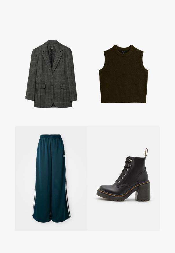 Grafitowa marynarka w jodełkę z klapami, z pojedynczym zapięciem na guzik, dwoma przednimi kieszeniami i mankietami zapinanymi na trzy guziki. Gładka podszewka.; Ciemnozielony bezrękawnik dzianinowy z okrągłym dekoltem, o miękkiej fakturze i prążkowanych krawędziach, z luźnym krojem i bez widocznych wzorów.; Turkusowe długie spodnie dresowe z elastycznym pasem, z trzema białymi paskami po bokach oraz logo Adidas po lewej stronie.; Czarne skórzane botki za kostkę z masywnym wysokim obcasem, sznurówką z przodu, metalowymi oczkami i żółtym przeszyciem wzdłuż podeszwy. Teksturowana gumowa podeszwa.