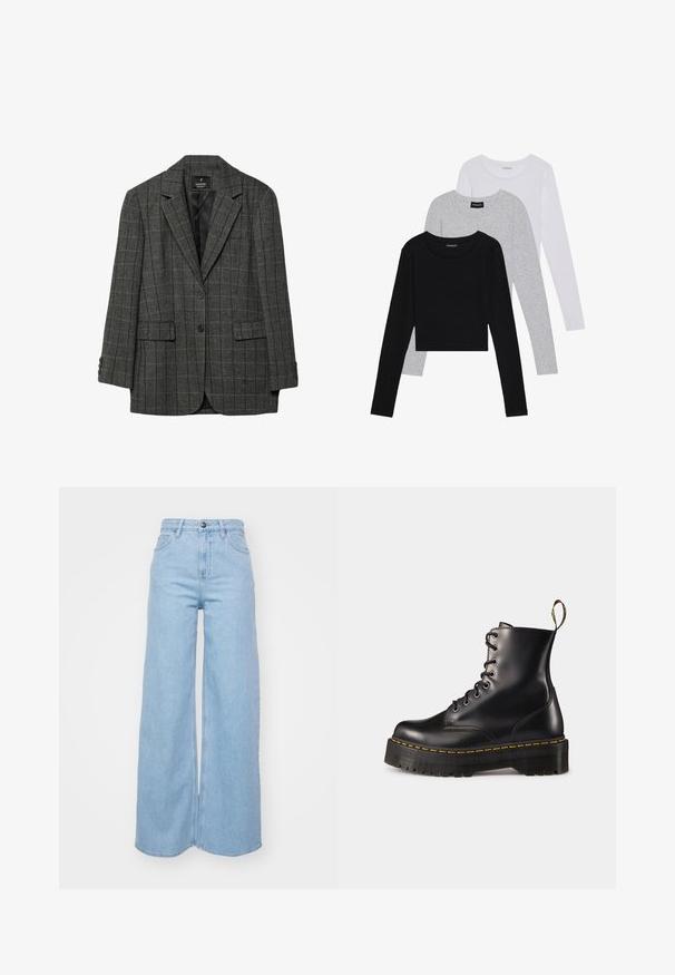 Grå hundtandsmönstrad kavaj med snedskurna slag, enkel knappstängning, två framfickor och tre-knappsförsedda manschetter. Slät inredningsfoder.; Tre långärmade tröjor staplade: svart, grå och vit. Var och en har en rund halsringning och en kort design med mjukt, lätt material.; Lee STELLA - Jeans relaxed fit - inner magic; Svarta läder snörade anklar med en kraftig svart sula och gul söm. Har en dragflik baktill och runda metallöglor.