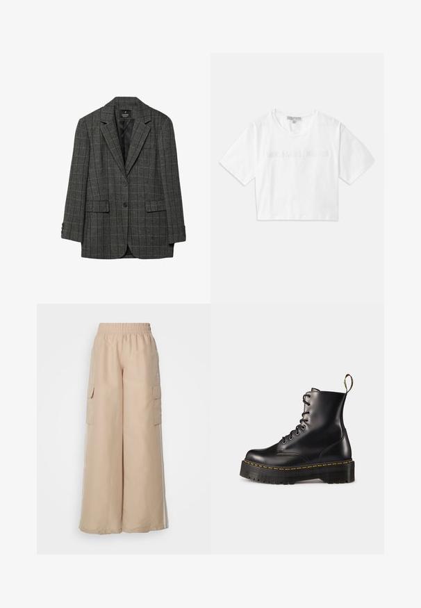 Siva hounds-tooth blazer z odprtimi klopi, zapiranje na en gumb, dva sprednja žepa in manšete s tremi gumbi. Gladka notranja podlogo.; Bela skrajšana majica iz bombaža z kratkimi rokavi, z logotipom "MICHAEL KORS" v usklajenem vezenem napisu spredaj.; Bež široke cargo hlače z elastiko v pasu, stranskimi žepi in belimi stranskimi črtami. Narejene iz gladkega, lahkega materiala.; Črne usnjen lace-up gležnjarje z debelim črnim podplatom in rumenim šivanjem. Imajo zanko na hrbtni strani in okrogle kovinske učke.