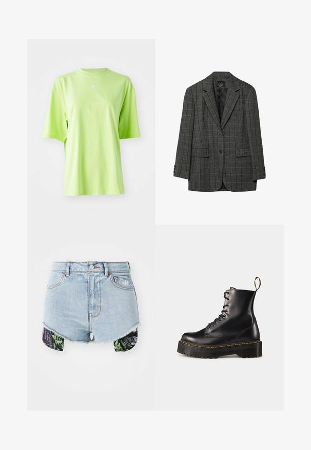 Grau Hahnentrittmuster-Blazer mit Reverskragen, einreihigem Knopfverschluss, zwei frontalen Taschen und Zierknöpfen an den Ärmeln. Glatte Innenauskleidung.; Limegrünes, übergroßes T-Shirt aus Baumwolle mit Rundhalsausschnitt und kurzen Ärmeln. Kleines, weißes Adidas-Logo auf der Brust.; Helle blaue Jeansshorts mit fransigem Saum und buntem, gemustertem Stoff an den Seiten, der städtische Bilder und Texturen zeigt.; Schwarze Leder-Schnürstiefel mit knöchelhohem Schaft, einer robusten schwarzen Sohle und gelben Nähten. Verfügt über eine Lasche hinten und runde Metallösen.