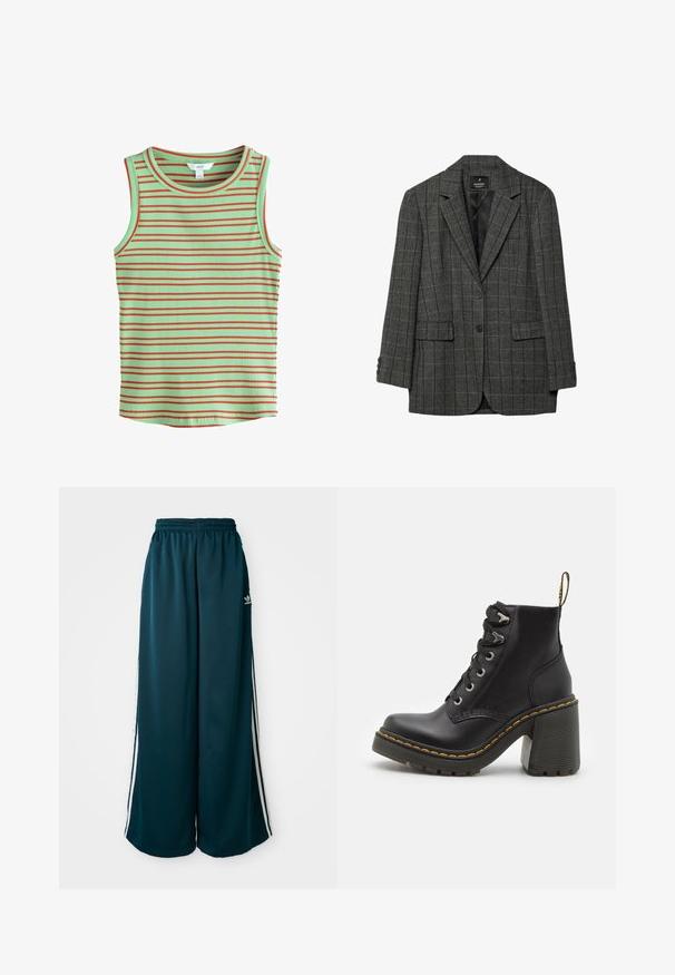 Grijze houndstooth blazer met geknipte revers, sluiting met één knoop, twee voorzakken en manchetten met drie knopen. Gladde voering aan de binnenkant.; Mouwloze geribde tanktop met een mintgroene basis en horizontale rode strepen. Voorzien van een ronde halslijn en een zachte textuur.; Teal wijde sweatpants met een elastische tailleband, met drie witte strepen aan de zijkanten en een Adidas-logo aan de linkerkant.; Zwarte leren enkelboot met een dikke hoge hak, vetersluiting aan de voorkant, metalen oogjes en gele stiksels langs de zool. Getextureerde rubberen zool.