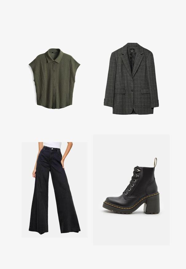 Gray houndstooth blazer with notched lapels, single-button closure, two front pockets, and three-button cuffs. Smooth interior lining.; Olive green short-sleeve shirt made of textured fabric, featuring a collared neck, button front, and loose-fitting design.; Black wide-leg jeans made of denim. High waist with a button closure, featuring a clean design and no prominent patterns or accents.; Black leather ankle boot featuring a chunky high heel, lace-up front, metal eyelets, and yellow stitching along the sole. Textured rubber outsole.