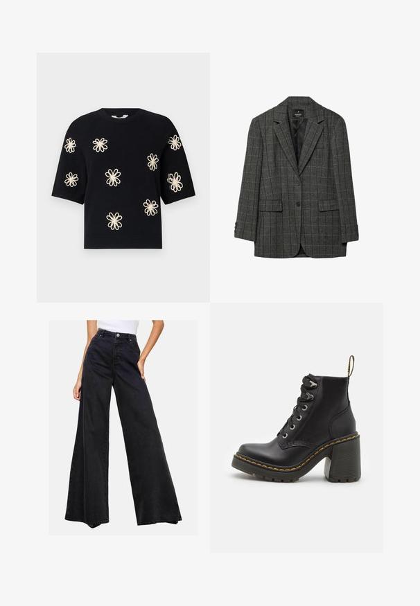 Grijze houndstooth blazer met geknipte revers, sluiting met één knoop, twee voorzakken en manchetten met drie knopen. Gladde voering aan de binnenkant.; Zwarte gebreide trui met korte mouwen, versierd met geborduurde crèmekleurige bloempatronen die gelijkmatig over de voorkant zijn verdeeld, en een geribbelde halslijn en zoom.; Zwarte wijde spijkerbroeken van denim. Hoge taille met een knoopsluiting, met een strakke uitstraling en zonder opvallende patronen of accenten.; Zwarte leren enkelboot met een dikke hoge hak, vetersluiting aan de voorkant, metalen oogjes en gele stiksels langs de zool. Getextureerde rubberen zool.