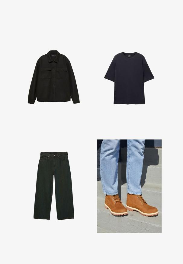 Černá košilová bunda z vlněné směsi s límečkem, zapínáním na knoflíky a dvěma náprsními kapsami. Má dlouhé rukávy a volný střih.; PULL&BEAR SHORT SLEEVE TEXTURED WEAVE - Jednoduché tričko - dark blue; Tmavě zelené široké džíny vyrobené z denimu; mají přední knoflík a zip, pět kapes a jemné variace textury.; Hnědé semišové kotníkové boty s žlutými tkaničkami a bílými podrážkami, se silným vzorem na podrážce, nošeny s světle modrými denimovými džíny na schodech.