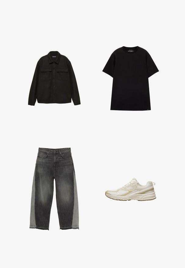 Črna jakna iz volnene mešanice s kragnico, sprednjim gumbom in dvema žepoma na prsih. Ima dolge rokave in sproščen kroj.; PULL&BEAR JOIN LIFE - Navadna majica - black; Široki jeans iz temno sive denima z kontrastnimi svetlo sivimi stranskimi paneli. Neobdelani robovi izboljšajo edinstveno zasnovo. Pet žepni stil.; Bele športne čevlje iz mrežastega in sintetičnega materiala, z zaobljenim prstom, oblazinjeno podplatom in bež poudarki na straneh.