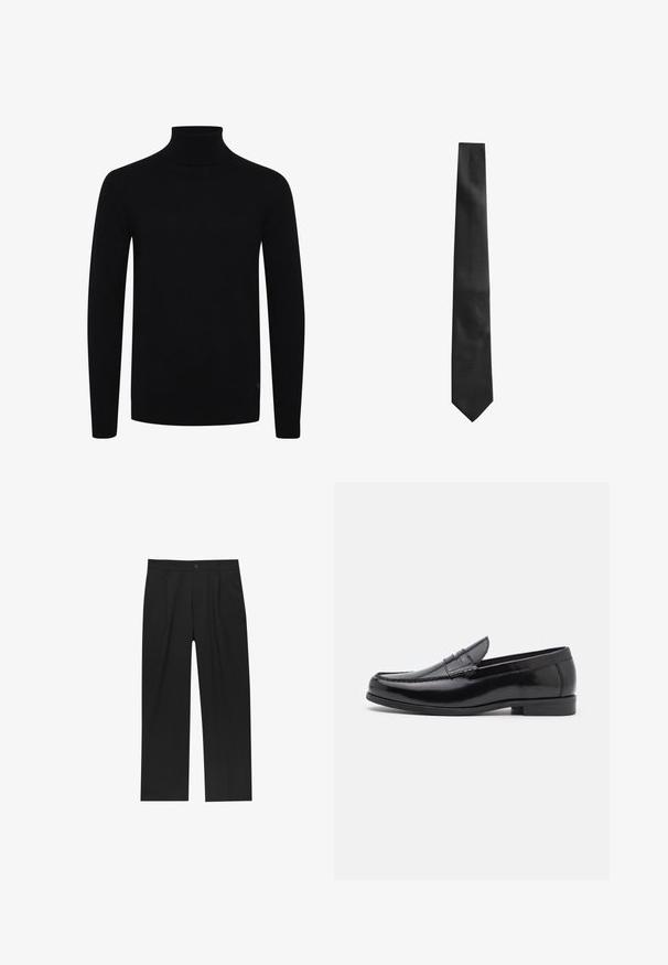 Braune Lederjacke mit einem cremefarbenen Lammfellkragen und -manschetten. Verfügt über einen Reißverschluss und schräg angeschnittene Seitentaschen mit einer glatten Textur.; Schwarzer Rollkragenpullover, lange Ärmel, gerippter Kragen und Saum, aus glattem Strickstoff gefertigt, mit einem dezenten Logo auf der unteren Seite.; Weißes langärmeliges Hemd mit Knopfleiste aus glattem Stoff. Verfügt über einen klassischen Kragen, eine durchgehende Knopfleiste und Ein-Knopf-Manschetten. Figurbetonter Schnitt.; Schwarze Hose mit geradem Schnitt, aus einem glatten Stoff gefertigt. Verfügt über Vorderfalten und einen einzelnen Knopfverschluss an der Taille.; Schwarze Lederloafers mit abgerundetem Zehenbereich, dekorativen Nähten und einem niedrigen Absatz. Glatte Oberfläche mit dezentem Glanz. Klassisches Design ohne Verzierungen.; Schwarze Krawatte mit strukturiertem Finish, schmaler Form und spitzem Ende. Der Stoff wirkt glatt mit einem dezenten Muster.; Schwarze Lederhandschuhe mit einer glatten Textur, Fünf-Finger-Design und subtilen Nähten. Mit einem Handgelenkriemen mit metallischem Akzent.
