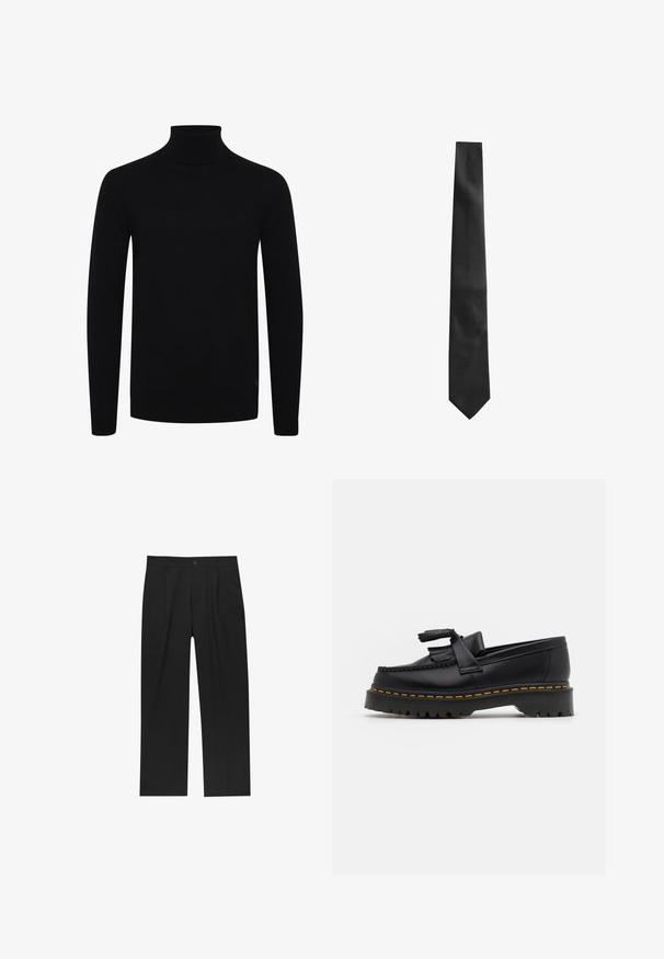 Bruine leren jas met een crèmekleurige schapenfellen kraag en manchetten. Voorzien van een ritsluiting en schuine zijzakken met een gladde textuur.; Zwarte coltrui, lange mouwen, geribde kraag en zoom, gemaakt van glad gebreid materiaal, voorzien van een subtiel logo aan de onderzijde.; Zwarte broeken met een recht model, gemaakt van een gladde stof. Voorzien van een voorplooien en een enkele knoopsluiting bij de taille.; Zwarte leren loafers met een franjesaccent, voorzien van een dikke zwarte zool en gele stiksels langs de rand. Gevoelige afwerking.; Zwarte stropdas met een gestructureerde afwerking, smalle vorm en puntsluiting. De stof lijkt glad met een subtiel patroon.