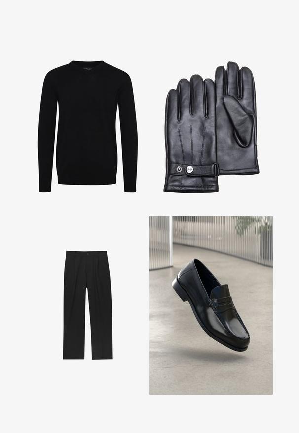 Brun læderjakke med en cremefarvet shearling-krave og manchetter. Har en lynlås-lukning og skrå sidelommer med en glat tekstur.; Sort v-hals sweater med lange ærmer, lavet af et glat strikket stof. Har en ribbet kant og manchetter, med en lille logo detalje på bunden.; Sorte bukser med lige ben, lavet af et glat stof. Har frontfolder og en enkelt knaplukning i taljen.; Sorte læder loafers med en glat finish, rundet tå, dekorative syninger og en let forhøjet ydersål.; Sorte læderhandsker med en glat tekstur, fem-finger design og subtile syninger. Har en håndledsrem med en metalaccent.