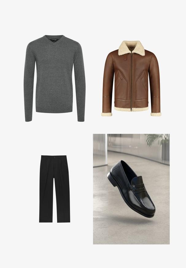 Brun læderjakke med en cremefarvet shearling-krave og manchetter. Har en lynlås-lukning og skrå sidelommer med en glat tekstur.; Grå V-hals sweater med lange ærmer, lavet af et glat strikstof. Har ribbede manchetter og kant, minimalistisk design, ingen mønstre eller udsmykninger.; Hvid langærmet skjorte med knapper lavet af glat stof. Har en klassisk krave, frontknapper og manchetter med en enkelt knap. Slim fit design.; Sorte bukser med lige ben, lavet af et glat stof. Har frontfolder og en enkelt knaplukning i taljen.; Sorte læder loafers med en glat finish, rundet tå, dekorative syninger og en let forhøjet ydersål.