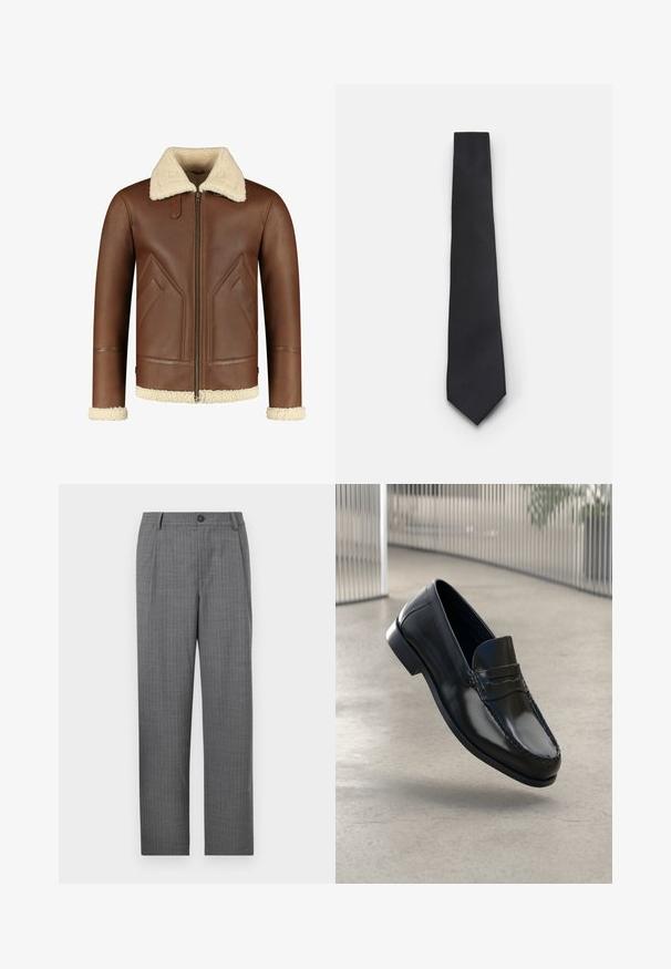 Braune Lederjacke mit einem cremefarbenen Lammfellkragen und -manschetten. Verfügt über einen Reißverschluss und schräg angeschnittene Seitentaschen mit einer glatten Textur.; Weißes langärmeliges Hemd mit Knopfleiste aus glattem Stoff. Verfügt über einen klassischen Kragen, eine durchgehende Knopfleiste und Ein-Knopf-Manschetten. Figurbetonter Schnitt.; Grau maßgeschneiderte Hose mit einem dezenten Streifenmuster, einer Vorderknopfverschluss und einem geraden Schnitt. Keine sichtbaren Taschen.; Schwarze Leder-Loafer mit glatter Oberfläche, abgerundeter Spitze, dekorativen Nähten und leicht erhöhtem Absatz.; Schmale schwarze Krawatte mit einem strukturierten, diagonalen Rippmuster. Verfügt über eine spitze Spitze und eine glatte Oberfläche. Geeignet für formelle Anlässe.