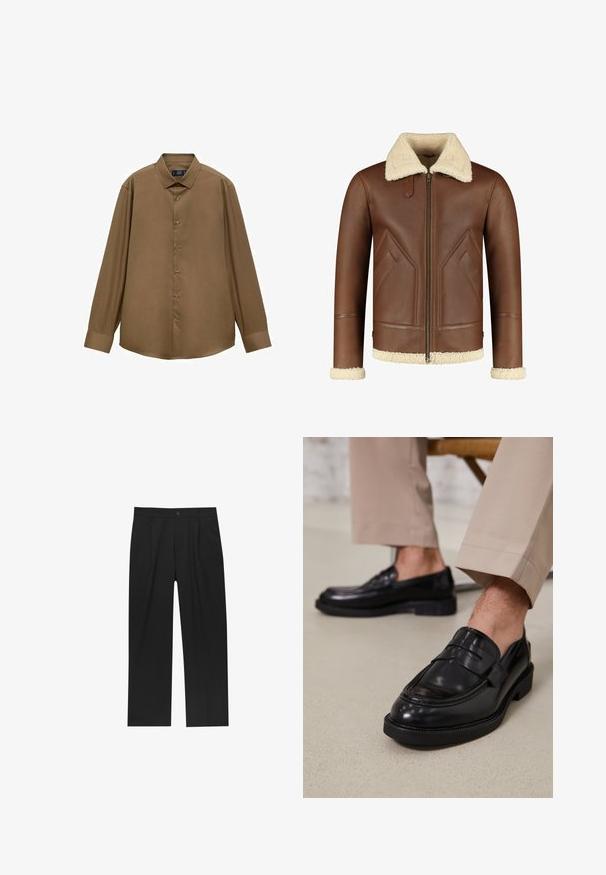 Giubbotto di pelle marrone con colletto e polsini in shearling crema. Presenta una chiusura con zip e tasche laterali inclinate con una finitura liscia.; Camicia marrone a maniche lunghe realizzata in tessuto liscio; presenta un colletto classico, chiusura con bottoni e un orlo curvo.; Pantaloni neri con un design a gamba dritta, realizzati in un tessuto liscio. Presentano pieghe frontali e una chiusura a un bottone in vita.; Mocassini in pelle nera con finitura liscia, dotati di una cintura decorativa e cuciture a contrasto, abbinati a pantaloni beige.