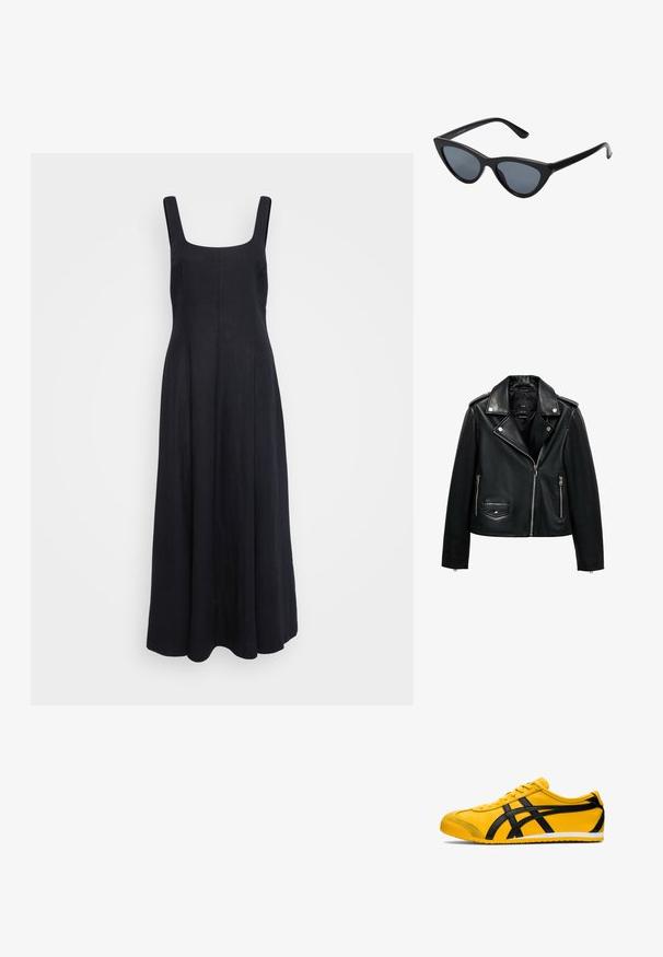 Schwarze Leder-Motorradjacke mit Reißverschluss vorn, Druckknöpfen, strukturierter Oberfläche, Schulterklappen und Seitentaschen.; Schwarzes Leinenmaxikleid mit quadratischem Ausschnitt, breiten Schulterträgern und einem fließenden Rock. Glatte Textur und minimalistisches Design.; Gelbe Sportschuh mit schwarzen Akzenten, glatte Ledertextur, geschwungenes Design, runde Zehenpartie, flache weiße Sohle und auffällige Markenlogos an der Seite.; Schwarze Cat-Eye-Sonnenbrille mit dunkelgrauen Gläsern, schlankem Kunststoffrahmen, spitzen Ecken und geraden Bügeln. Keine sichtbaren Befestigungen oder Akzente.; Silberne Metallohrringe mit einem wellenförmigen, skulpturalen Design, das eine polierte Oberfläche und unregelmäßige Formen aufweist, die eine zeitgenössische Ästhetik betonen.