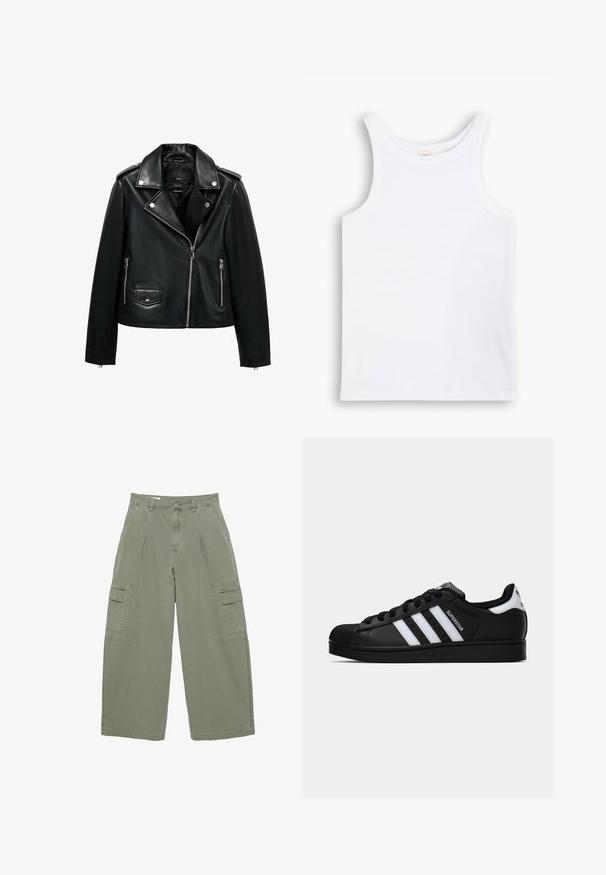 Čierna kožená motocyklová bunda so zipsom vpredu, cvokovými gombíkmi, štruktúrovaným povrchom, ramennými popruhmi a bočnými vreckami.; Biele bavlnené tielko s širokými ramienkami, okrúhlym výstrihom a hladkou, rebrovanou textúrou. Bez vzorov alebo akcentov.; Olivovo zelené cargo nohavice s širokými nohavicami, s dvoma bočnými vreckami a zapínaním na gombík. Vyrobené z odolnej bavlnenej tkaniny.; Čierne tenisky Adidas Superstar s bielymi pruhmi, špičkou v tvare mušle a textom "Superstar" na boku, zobrazené v bočnom profilu na bielom pozadí.