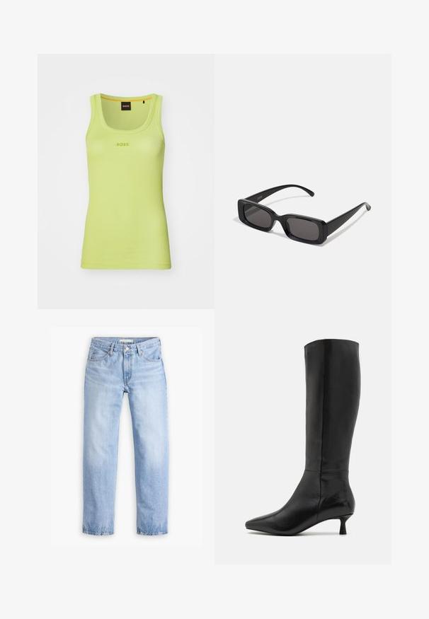 Czarna skórzana kurtka motocyklowa z zapięciem na zamek błyskawiczny, napami, teksturowanym wykończeniem, pagonami i bocznymi kieszeniami.; Prążkowany bezrękawnik w jaskrawym limonkowym kolorze z okrągłym dekoltem. Zawiera logo "BOSS" w dopasowanym kolorze na środku klatki piersiowej.; Jasnoniebieskie dżinsy o prostym kroju, z pięcioma kieszeniami i średnim stanem. Charakteryzują się wyblakłą teksturą i przeszytymi brzegami.; Zign - Kozaki; Czarne prostokątne okulary przeciwsłoneczne z ciemnymi szkłami, błyszczącym wykończeniem, szerokimi zausznikami i masywną konstrukcją. Wygrawerowana nazwa marki na jednym z zauszników.