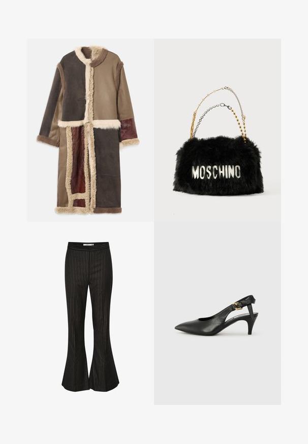 Dlouhý kabát s vícetradičním tónováním, vyrobený z hladké usně a ovčí vlny v odstínech hnědé, s límcem z umělé kožešiny a kontrastními texturovanými panely.; Bílá košile s dlouhým rukávem a knoflíky, s asymetrickým oversized rukávem staženým na zápěstí na pravé straně.; Černé rozšířené kalhoty s bílými vertikálními pruhy, s hladkou texturou a přiléhavým pasem, navržené pro přizpůsobený střih.; Černé kožené lodičky se slingback, špičatou špičkou, malým podpatkem a detailem s přezkou na pásku kolem kotníku. Hladká textura, minimalistický design.; Černá kabelka z umělé kožešiny s zlatými a stříbrnými řetězovými popruhy. Na přední straně je bílé logo "MOSCHINO". Měkká textura a obdélníkový tvar.