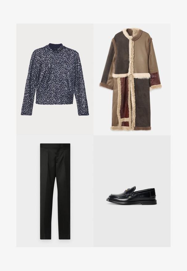 Lang, flerfarvet frakke lavet af suede og lammeskind i nuancer af brun, med en krave i kunstpels og kontrasterende teksturerede paneler.; Marineblå pailletbluse med lange ærmer, høj krave og lynlås bagpå. Har en struktureret overflade med tæt arrangerede skinnende pailletter.; Sorte bukser med en glat stof, skræddersyet design, lige ben og en flad talje uden synlige lukninger eller lommer.; Sort læderloafers med stikninger, lille forsideklap og flad gummisål. Glat overflade med hardware i guldtoner.