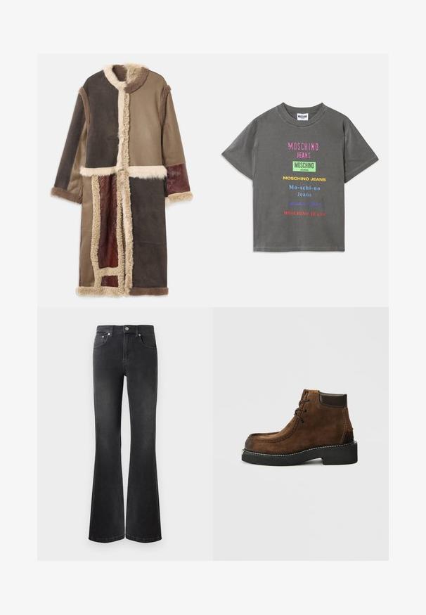 Dlouhý kabát s vícetradičním tónováním, vyrobený z hladké usně a ovčí vlny v odstínech hnědé, s límcem z umělé kožešiny a kontrastními texturovanými panely.; Šedé bavlněné tričko s různými jasně barevnými nápisy "MOSCHINO JEANS" v různých typech písma, s volným střihem a kulatým výstřihem.; Černé zvonové džíny vyrobené z denimu, s vysokým pasem, pěti kapsami a kovovým knoflíkem na zapínání. Hladká textura se jemným vyblednutím.; Hnědé semišové kotníkové boty s černou gumovou podrážkou, šněrováním, kontrastním prošíváním a hladkým koženým detailem na vrcholu.