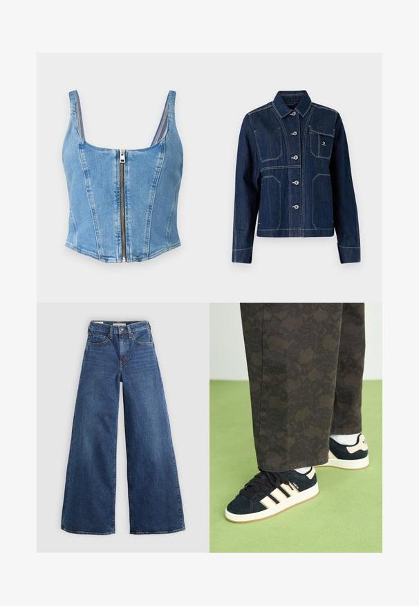 Granatowa dżinsowa kurtka z klasycznym kołnierzem, zapięciem na guziki i srebrnymi elementami. Posiada dwie kieszenie na piersi oraz kontrastowe białe szwy.; Jasnoniebieski krótki top dżinsowy z dekoltem w kształcie łódki, strukturą szwów i zapięciem na suwak z przodu. Gładka tekstura oraz dopasowany krój.; Szerokie niebieskie dżinsy z pięcioma kieszeniami, zapięciem na guzik i kontrastowym przeszyciem, charakteryzujące się miękkim i teksturowanym wykończeniem.; Czarne i wzorzyste spodnie w połączeniu z granatowymi zamszowymi trampkami z kremowymi paskami i białymi podeszwami. Powierzchnie są teksturowane i płaskie.