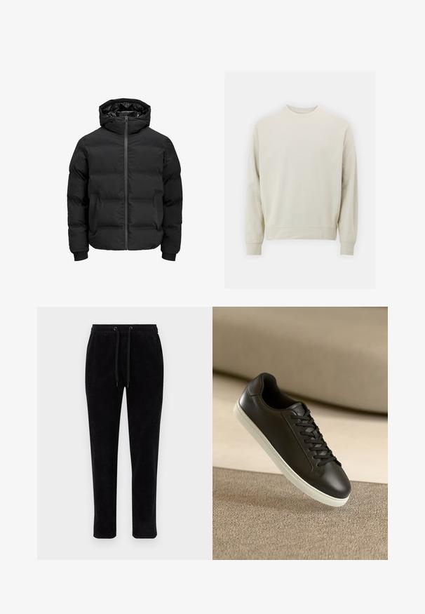 Zwarte gewatteerde jas met capuchon, voorzien van een ritssluiting aan de voorkant, geribde boorden en een gladde textuur. Geen zichtbare logo's of patronen.; Lichtbeige sweatshirt van zachte stof met een ronde hals, lange mouwen en geribbelde boorden en zoom. Minimalistisch ontwerp, geen zichtbare patronen.; Zwarte corduroy broek met een elastische tailleband, verstelbare koordjes en een tapered fit. De stof heeft een verticale ribbels.; Zwarte leren sneakers met een witte rubberen zool en zwarte veters, gepositioneerd tegen een beige stoffen oppervlak en achtergrond.