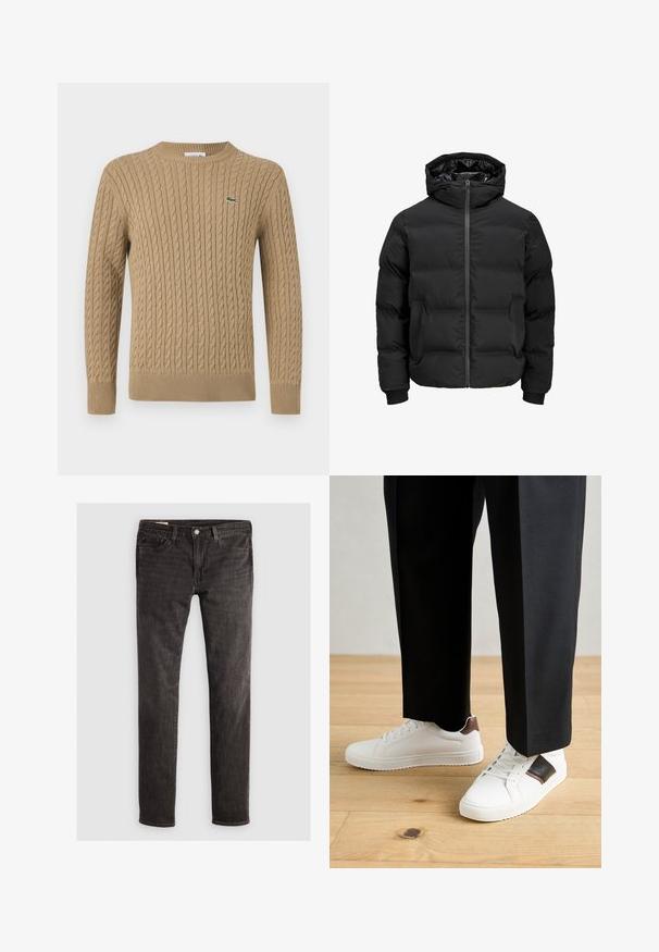 Schwarze gepolsterte Jacke mit Kapuze, ausgestattet mit einem Reißverschluss auf der Vorderseite, gerippten Ärmelbündchen und einer glatten Textur. Keine sichtbaren Logos oder Muster.; Beige Kabelstrickpullover mit Rundhalsausschnitt, gerippten Bündchen und Saum, der ein kleines grünes Logo auf der linken Brust trägt. Weiche Textur.; Schwarze Denim-Jeans mit Slim-Fit, ausgestattet mit einem Fünf-Taschen-Design, Messingknopf und subtiler Textur. Keine sichtbaren Muster oder zusätzlichen Verzierungen.; Weiße Sneakers mit glatter Textur, versehen mit braunen Lederakzenten und schwarzen Details, kombiniert mit schwarzen maßgeschneiderten Hosen. Hintergrund aus Holzboden.