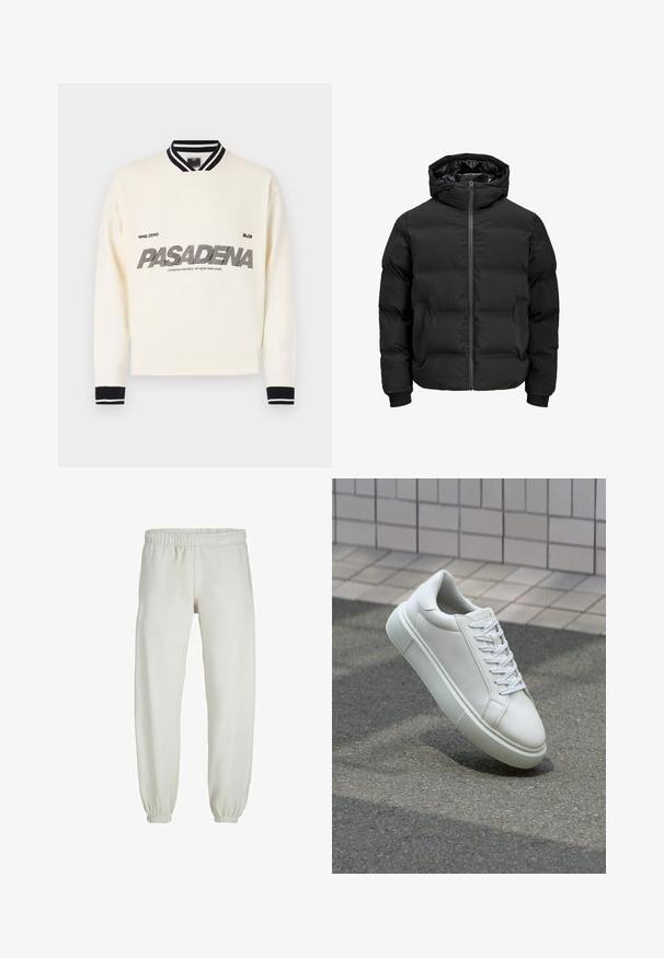 Schwarze gepolsterte Jacke mit Kapuze, ausgestattet mit einem Reißverschluss auf der Vorderseite, gerippten Ärmelbündchen und einer glatten Textur. Keine sichtbaren Logos oder Muster.; Weißer Sweater mit schwarzen Akzenten, mit geripptem Kragen und Bündchen. Auf der Vorderseite steht "PASADENA" in fettem, stilisierten Text.; Weiße Jogginghose aus weichem Stoff, mit elastischem Bund und Säumen, einer glatten Textur und lockerem Schnitt.; Weiße Leder-Sneaker mit glatter Oberfläche, runder Zehenpartie und flachen weißen Schnürsenkeln. Verfügt über eine strukturierte Gummisohle und minimalistische Designelemente.