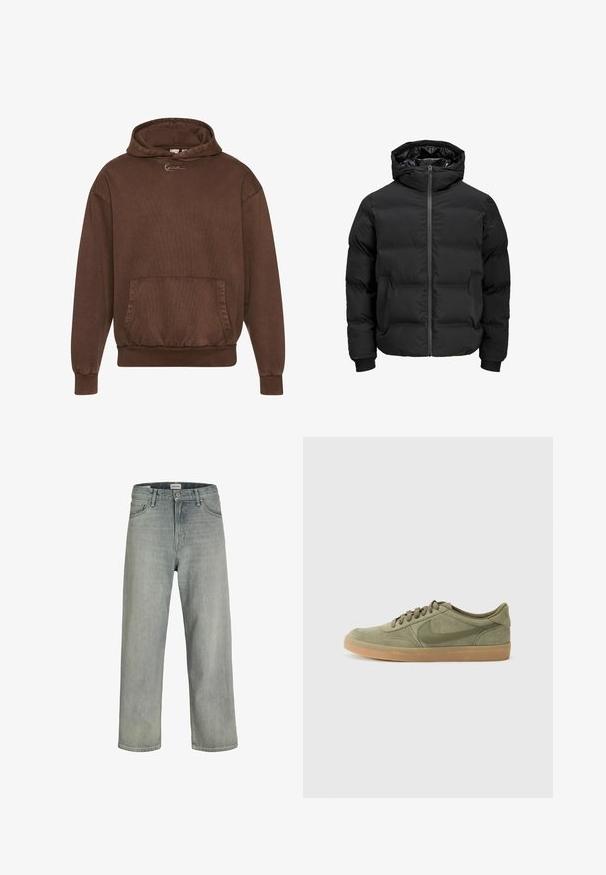 Melna siltināta jaka ar kapuci, ar priekšējo rāvējslēdzēju, ribotu aproču un gludu tekstūru. Nav redzamu logo vai rakstu.; Brūna kapucēta sporta krekls ar strukturētu virsmu, priekšējo kabatu un ribotiem ierakstiem pie piedurknēm un apakšmalas. Uz krūtīm ir minimālistisks logo.; Gai pelēki, brīvi pieguļoši džinsi no denima. Iekļauj klasisku piecu kabatu dizainu, jostas cilpas un taisnu kāju siluetu.; Zaļas zamšādas sporta kurpes ar gumijas zoli, apaļu pirkstu daļu un auklu dizainu. Iezīmē Nike raksturīgā logo tumšākā zaļā krāsā.