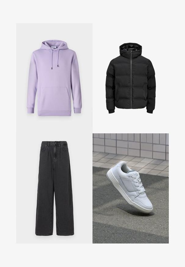 Zwarte gewatteerde jas met capuchon, voorzien van een ritssluiting aan de voorkant, geribde boorden en een gladde textuur. Geen zichtbare logo's of patronen.; Paarse hoodie van zacht materiaal, met een voorzak, verstelbare trekkoorden en ribgebreide manchetten en zoom.; Brede pijpen, hooggewaste zwarte denim broek met een sluiting met een knoop en rits aan de voorkant, voorzien van zijzakken en een soepele textuur.; Witte lederen sneaker met geperforeerde zijkanten, gestructureerde accenten, platte veters en een contrasterende grijze hiel. Voorzien van een iets verhoogde zool.
