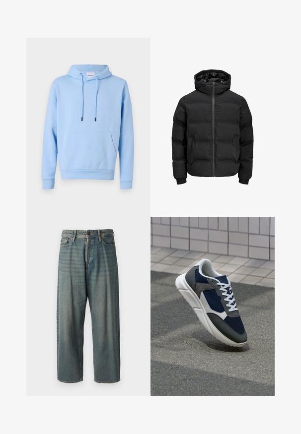 Giacca imbottita nera con cappuccio, dotata di chiusura frontale con zip, polsini a coste e una texture liscia. Senza loghi o fantasie visibili.; Felpa leggera azzurro chiaro in tessuto morbido, con tasca a marsupio frontale, coulisse regolabile e polsini e orlo a coste.; Jeans di denim azzurro chiaro con vestibilità ampia, vita media e gambe dritte. Presenta cinque tasche, passanti per cintura e chiusura con bottone.; Sneaker con tomaia in rete blu navy, inserti in suede grigio, suola in gomma bianca e lacci bianchi piatti, progettata per comfort e traspirabilità.