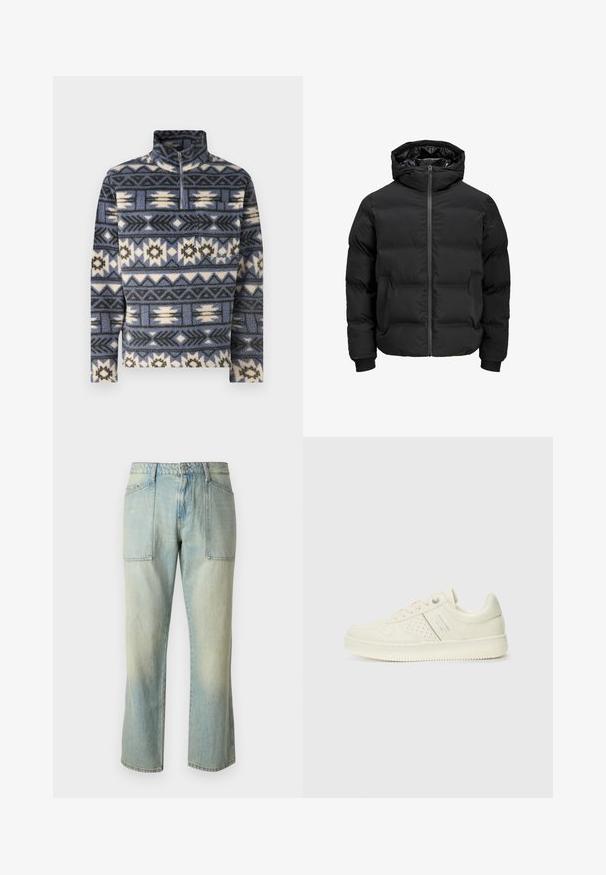 Crna podstava jakna s kapuljačom, koja ima prednje zatvaranje na patentni zatvarač, rebraste manžetne i glatku teksturu. Nema vidljivih logotipa ili uzoraka.; Jack & Jones JORIBIZA HALF ZIP - Vesta od flisa - night shadow blue; Svijetlo plave traperice s ravnim krojem, vidljivim šavovima i dva velika prednja džepa. Tkanina ima izblijedjeli izgled.; Kremasto bijele tenisice s perforiranim detaljima, vezicama i logotipom s bočne strane, prikazane na jednostavnoj bijeloj pozadini.
