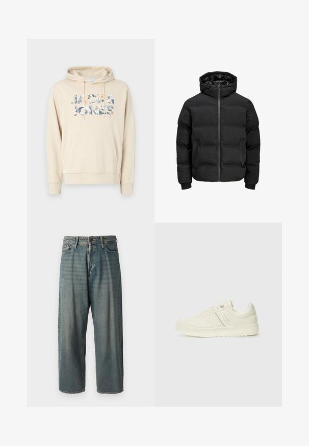 Melna siltināta jaka ar kapuci, ar priekšējo rāvējslēdzēju, ribotu aproču un gludu tekstūru. Nav redzamu logo vai rakstu.; Bēšs kapuces džemperis ar kangaroa kabatu un sašujamu kapuci. Iespējo daudzkrāsu grafisko uzrakstu "JACK & JONES" tropiskā dizainā.; Gaiši zili džinsi ar brīvu piegriezumu, vidējo jostas augstumu un taisnām kājām. Satur piecas kabatas, jostas cilpas un pogu aizdari.; Krēmbaltie sporta apavi ar perforētu detaļām, auklām un logotipu sānos, attēloti uz vienkārša baltā fona.