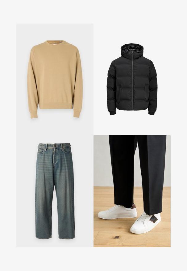 Černá polstrovaná bunda s kapucí, má přední zip, manžety s žebrováním a hladký povrch. Bez viditelných log a vzorů.; Béžová mikina s dlouhými rukávy a kulatým výstřihem. Vyrobena z bavlny, s hladkým texturovým povrchem a žebrovanými manžetami a lemem.; Světle modré denimové džíny s volným střihem, středně vysokým pasem a rovnými nohavicemi. Obsahují pět kapes, poutka na opasek a zapínání na knoflík.; Bílé tenisky s hladkým povrchem, s hnědými koženými akcenty a černými detaily, kombinované s černými kalhotami na míru. Pozadí tvoří dřevěná podlaha.